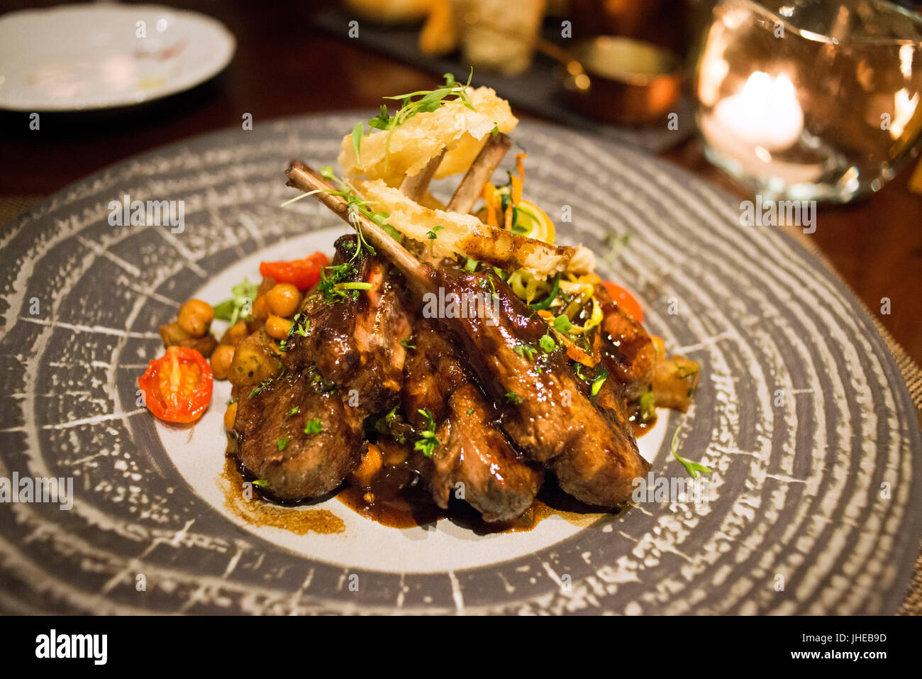 Delicious lamb chops dish in the Camissa Brasserie Restaurant, Victoria and Alfred Waterfront, Cape Town, Western Cape, South Africa Stock Photo