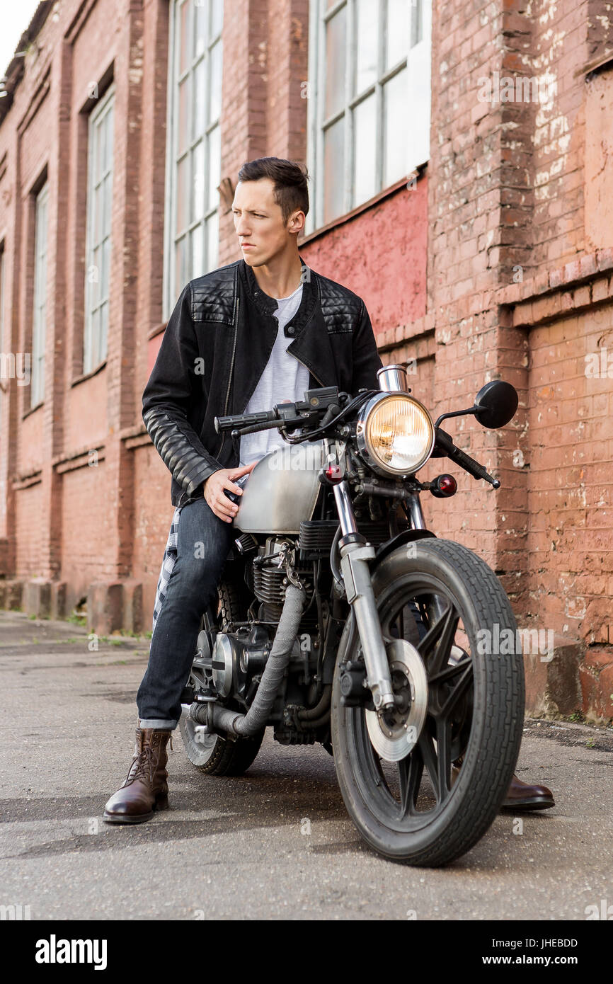 Handsome Rider Biker Guy In Leather Jacket Sit On Classic Style Cafe Stock Photo Alamy
