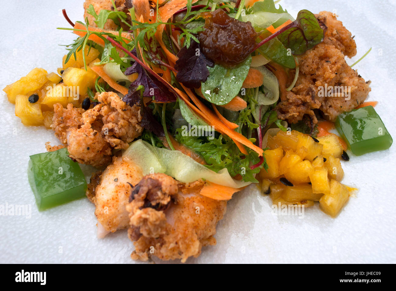 Delicious Crispy calamari Salad dish in the Camissa Brasserie Restaurant, Victoria and Alfred Waterfront, Cape Town, Western Cape, South Africa Stock Photo