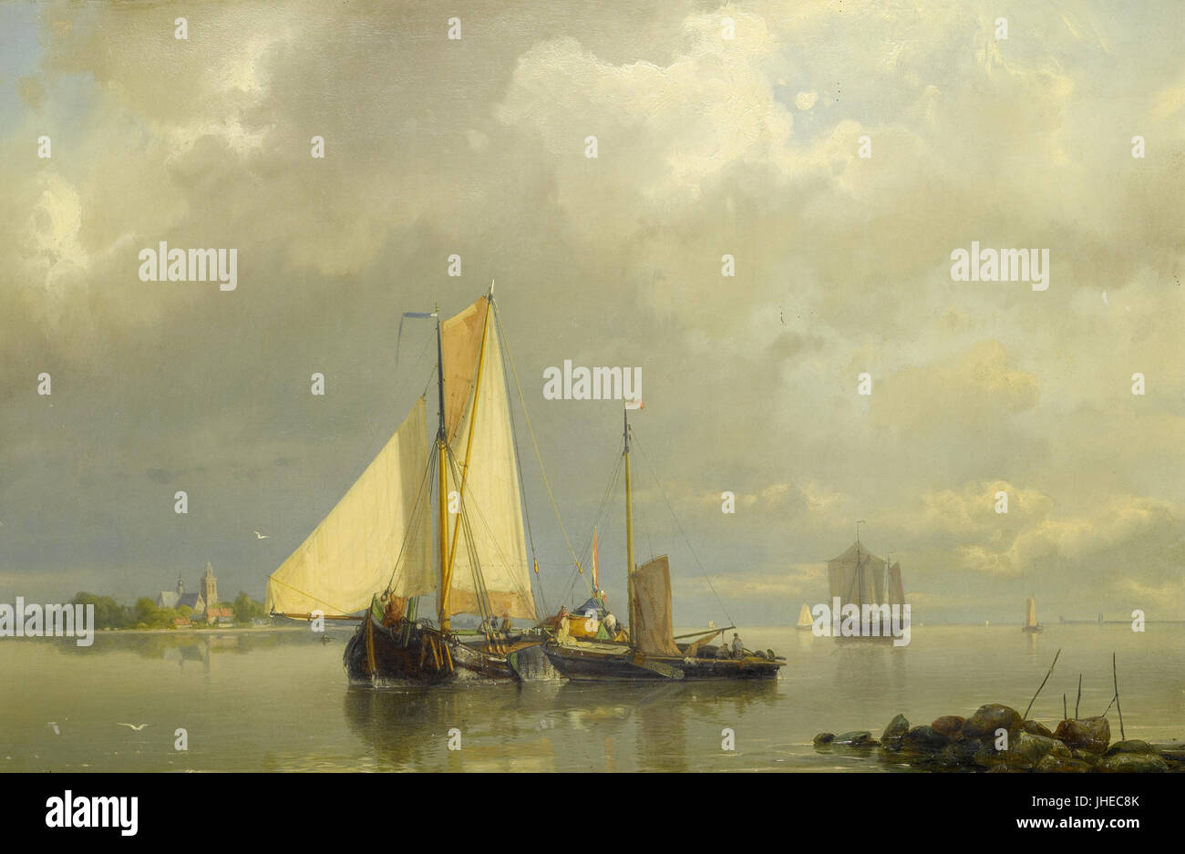 Johannes Hermanus Barend Koekkoek - Dutch barges becalmed in the estuary and transferring cargo (1860) Stock Photo