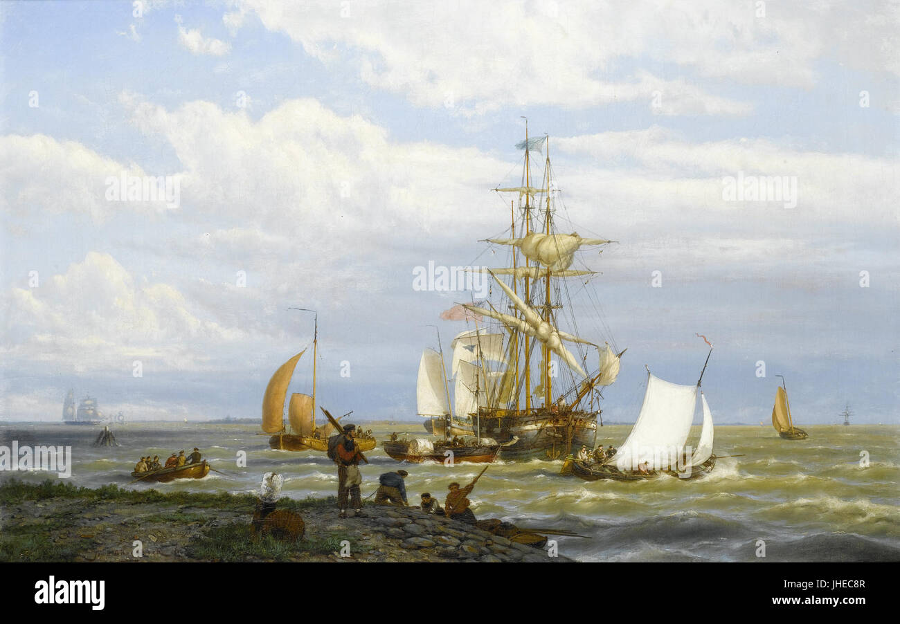 Johannes Hermanus Barend Koekkoek - A busy estuary Stock Photo