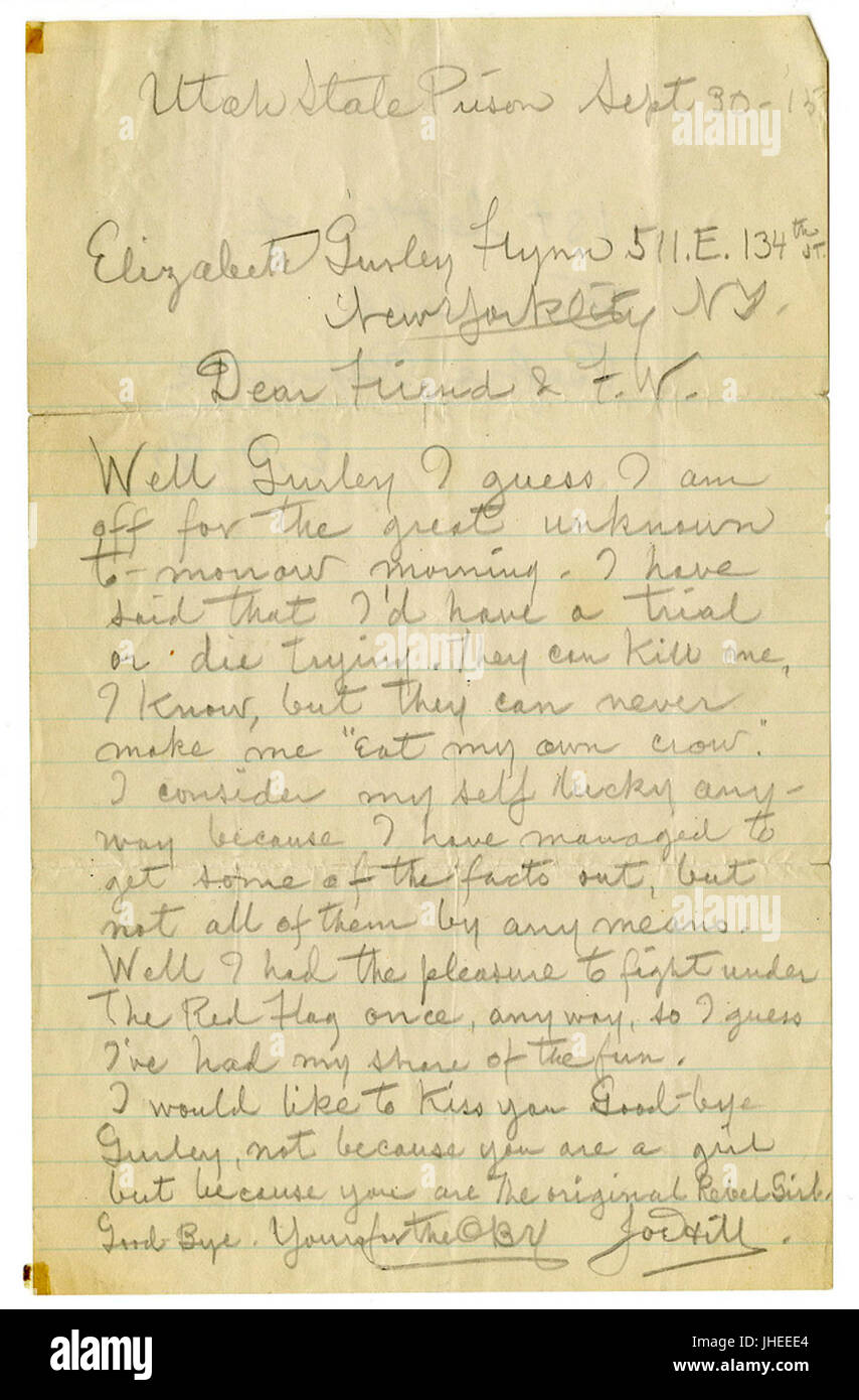 Joe Hill farewell letter to Elizabeth Gurley Flynn 1915-09-30 Stock Photo