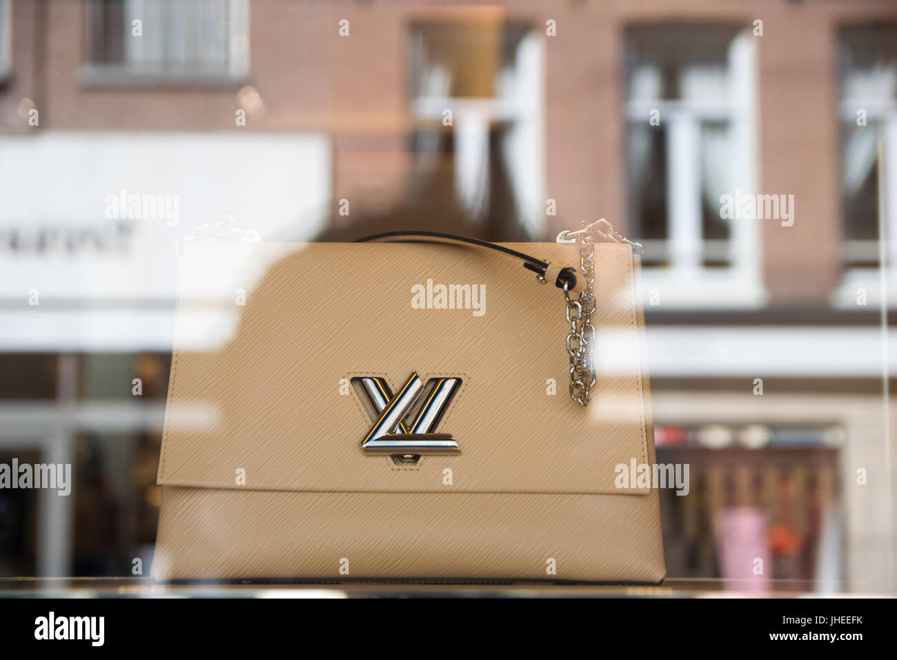 NETHERLANDS, AMSTERDAM - JUNE 03, 2017: View of a Louis Vuitton leather handbag as part of Masters Collection in collaboration with Jeff Koons on disp Stock Photo