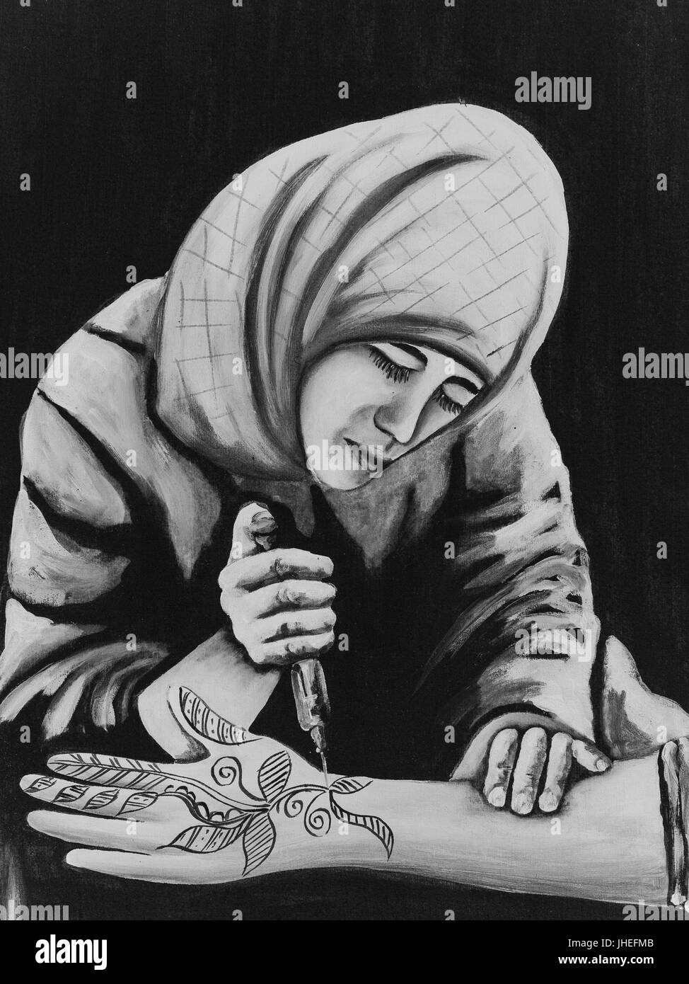 marrakech, Morocco - Circa September 2015 - painting of a henna lady Stock Photo