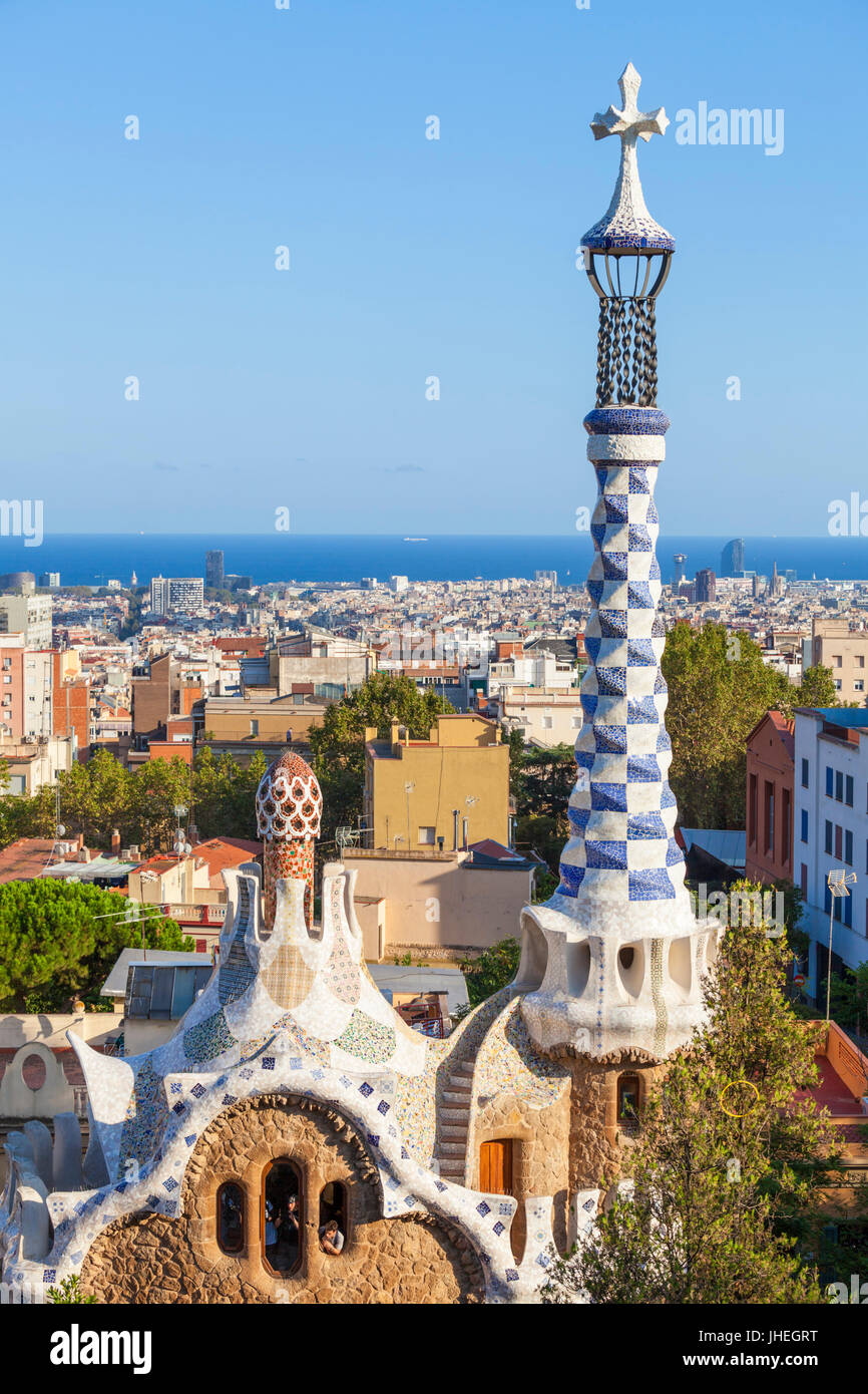 Barcelona Catalunya Park Guell barcelona parc guell barcelona porters lodge casa del guarda Barcelona skyline spain eu europe Catalonia Stock Photo