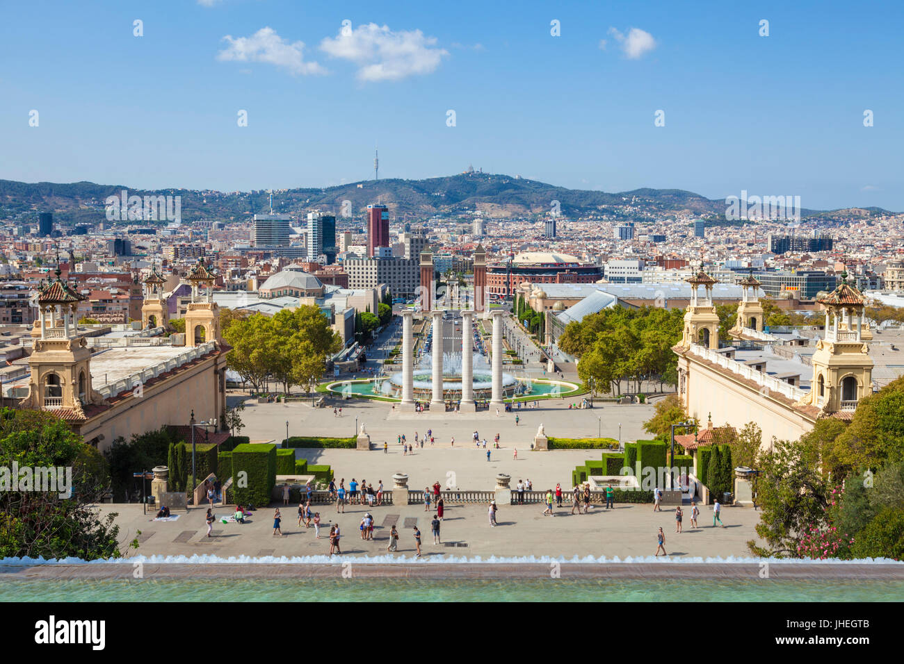 Barcelona Catalunya spain Barcelona Skyline Barcelona city with the magic fountains of Mont Juic Font Magica de Montjuic  Spain eu europe Catalonia Stock Photo