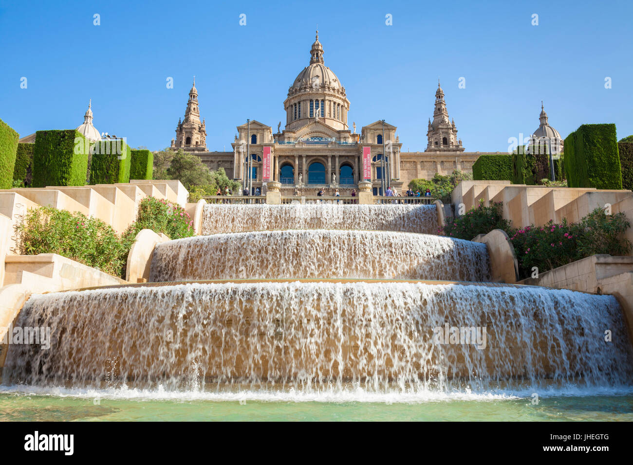 Barcelona Catalunya spain Barcelona city Palau Nacional National Art Museum of Catalonia Placa de les Cascades Water cascade Montjuic Barcelona Spain Stock Photo