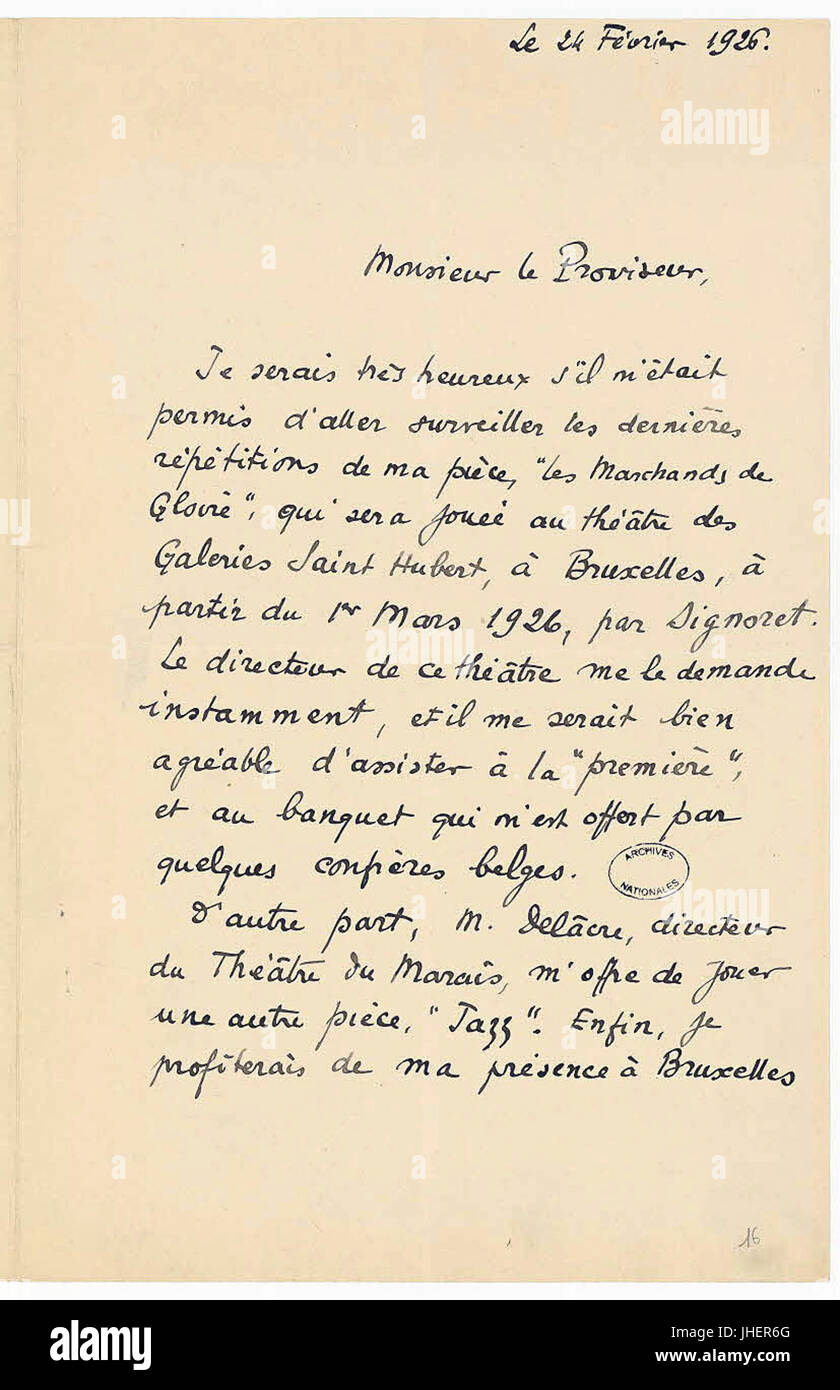 Lettre manuscrite de Marcel Pagnol 1 - Archives Nationales - AJ-16-6106 Stock Photo