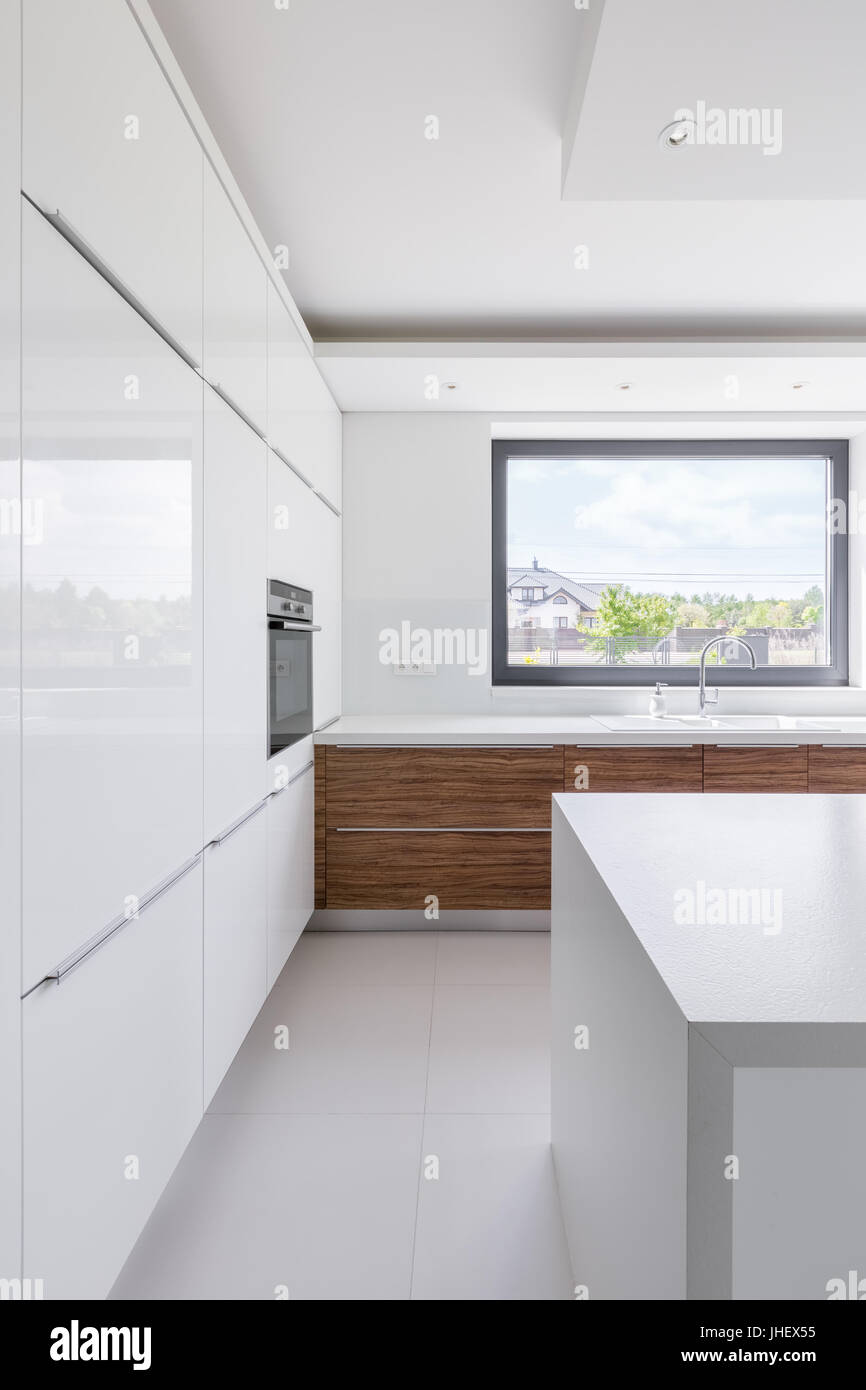 Contemporary White Kitchen With Island Wooden Cupboards And