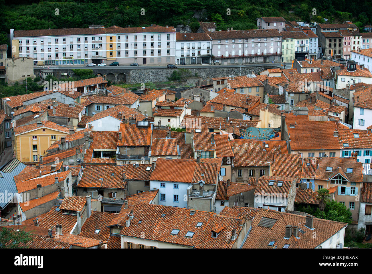 View of Foix, Midi-Pyrénées, Pyrenees, departement of Ariege, France, Europe. Houses with red tile roofs. Stock Photo