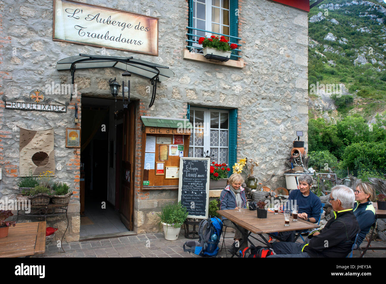 L'Auberge des troubadours restaurant in Roquefixade village, Ariege, Midi-Pyrenees, France Stock Photo