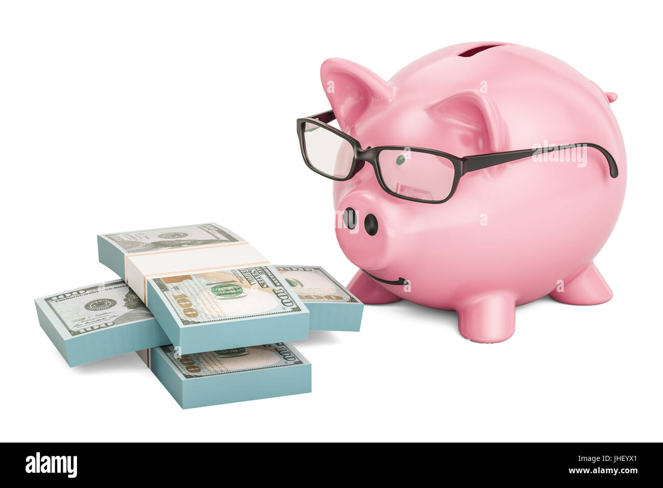 Piggy bank wearing eyeglasses with dollar packs, 3D rendering Stock ...