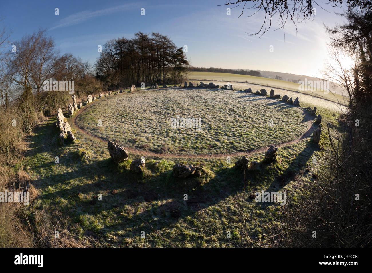 The King's Men stone circle in winter frost, The Rollright Stones, Chipping Norton, Cotswolds, Oxfordshire, England, United Kingdom, Europe Stock Photo