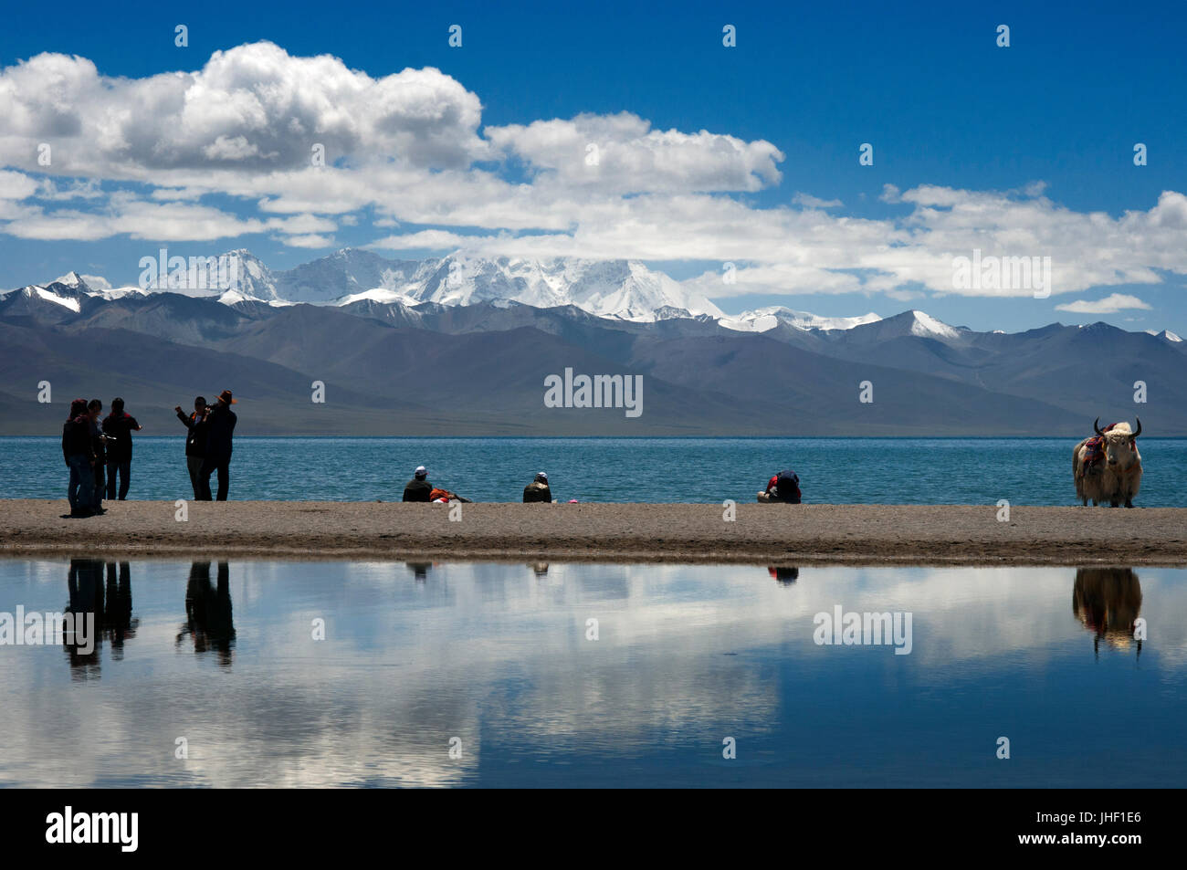 Tourists and yaks in Nam Tso Lake (Nam Co) in Nyainqentanglha mountains, Tibet. Stock Photo