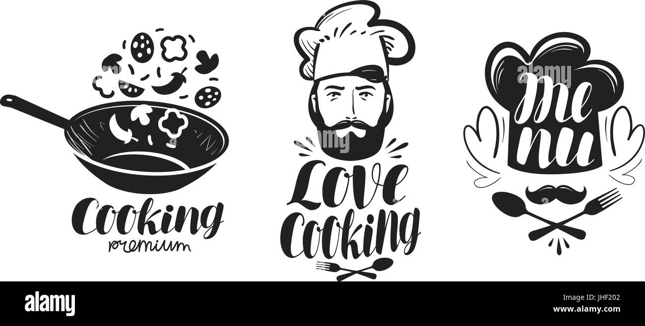 Cooking, cuisine logo. Label set for design menu restaurant or cafe. Handwritten lettering, calligraphy vector illustration Stock Vector