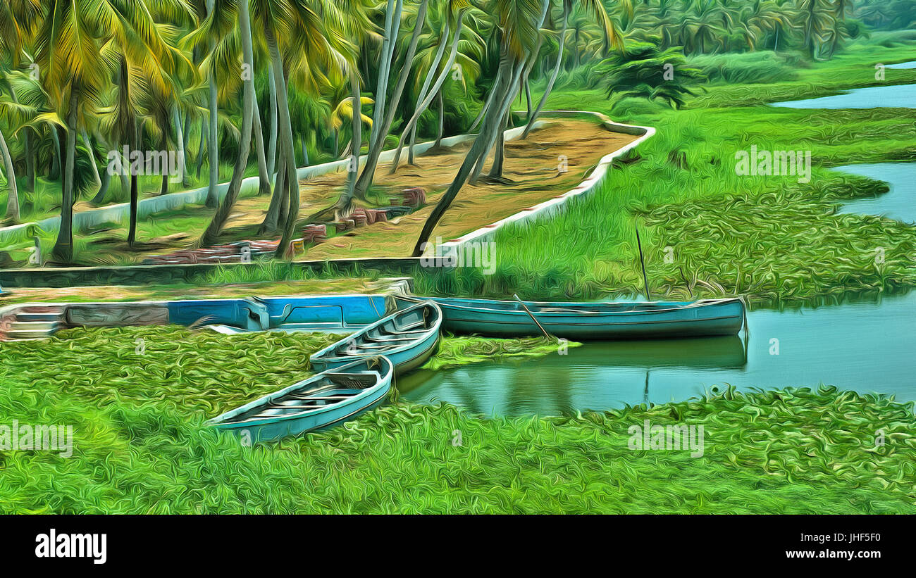 wooden boats on a river bank with palm trees in the background Stock ...