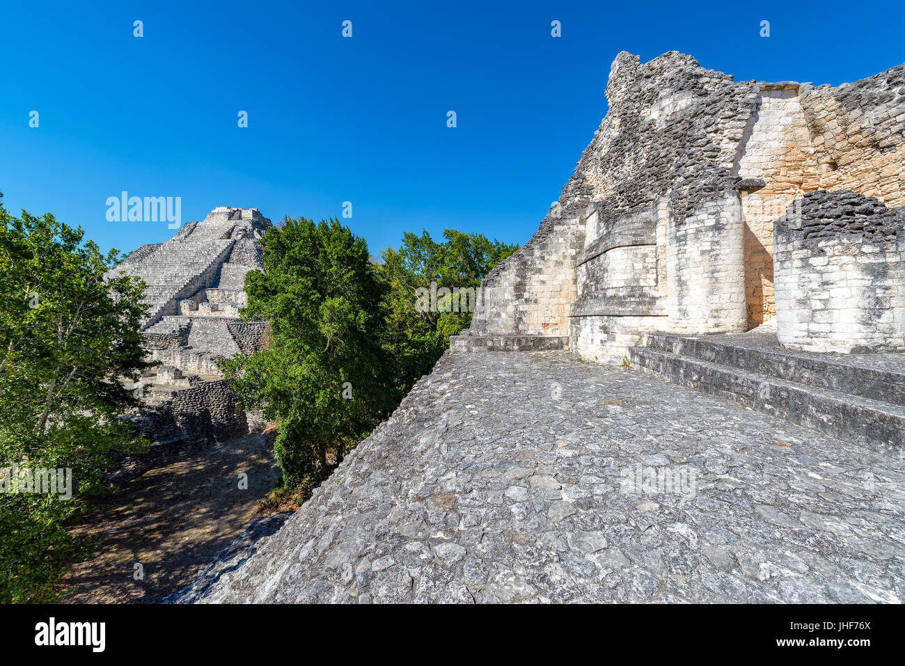 View of ruined Mayan pyramids in the ancient city of Becan, Mexico Stock Photo