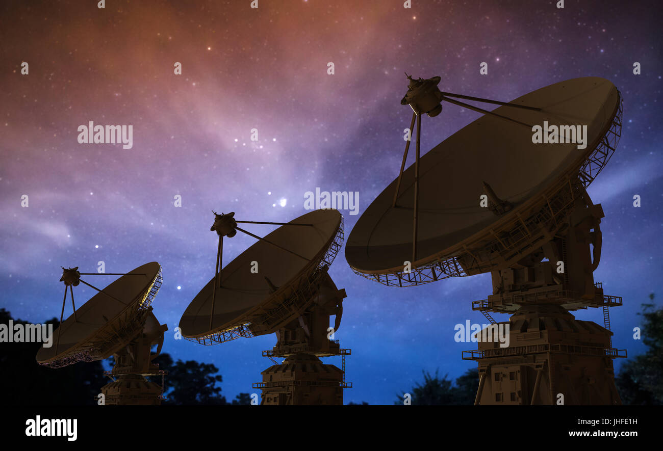 3d rendering satellite dish in a row with twilight sky background Stock ...