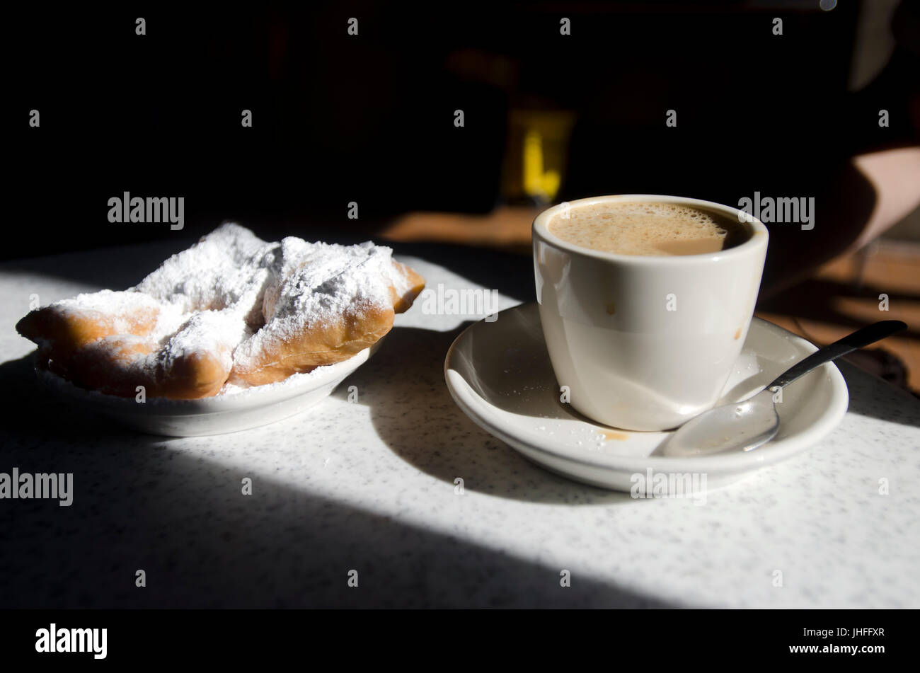 and coffee at Cafe du Monde, in New Orleans, Louisiana Stock