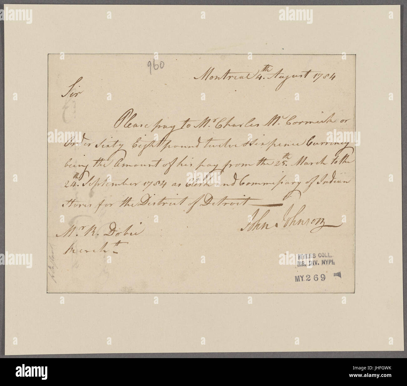 Johnson, Sir John. Montreal. To R. Dobie (NYPL b118686205327597 Stock