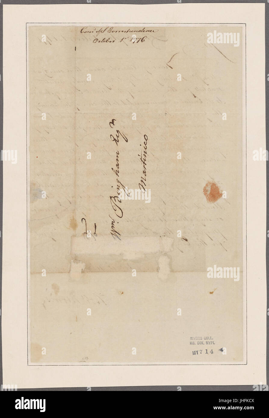 This document or letter features a communication between Robert Morris and Benjamin Franklin in Philadelphia, addressed to William Bingham. It is a significant historical exchange among prominent figures in American history. Stock Photo