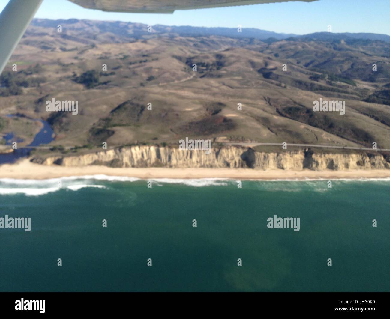 Flying from Palo Alto to Half Moon Bay, California in a small private airplane. Stock Photo