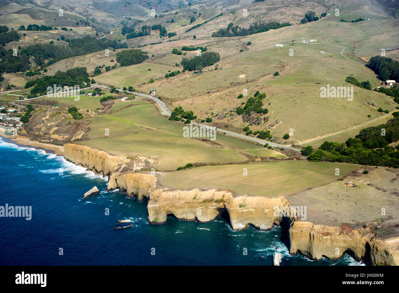 Flying from Palo Alto to Half Moon Bay, California in a small private airplane. Stock Photo
