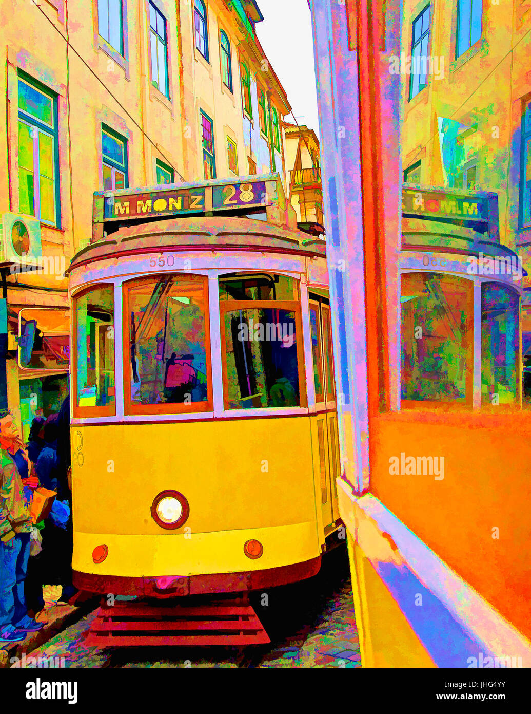 Number 28 tram in Lisbon, Portugal.  --Digital Photo Art Painting Stock Photo