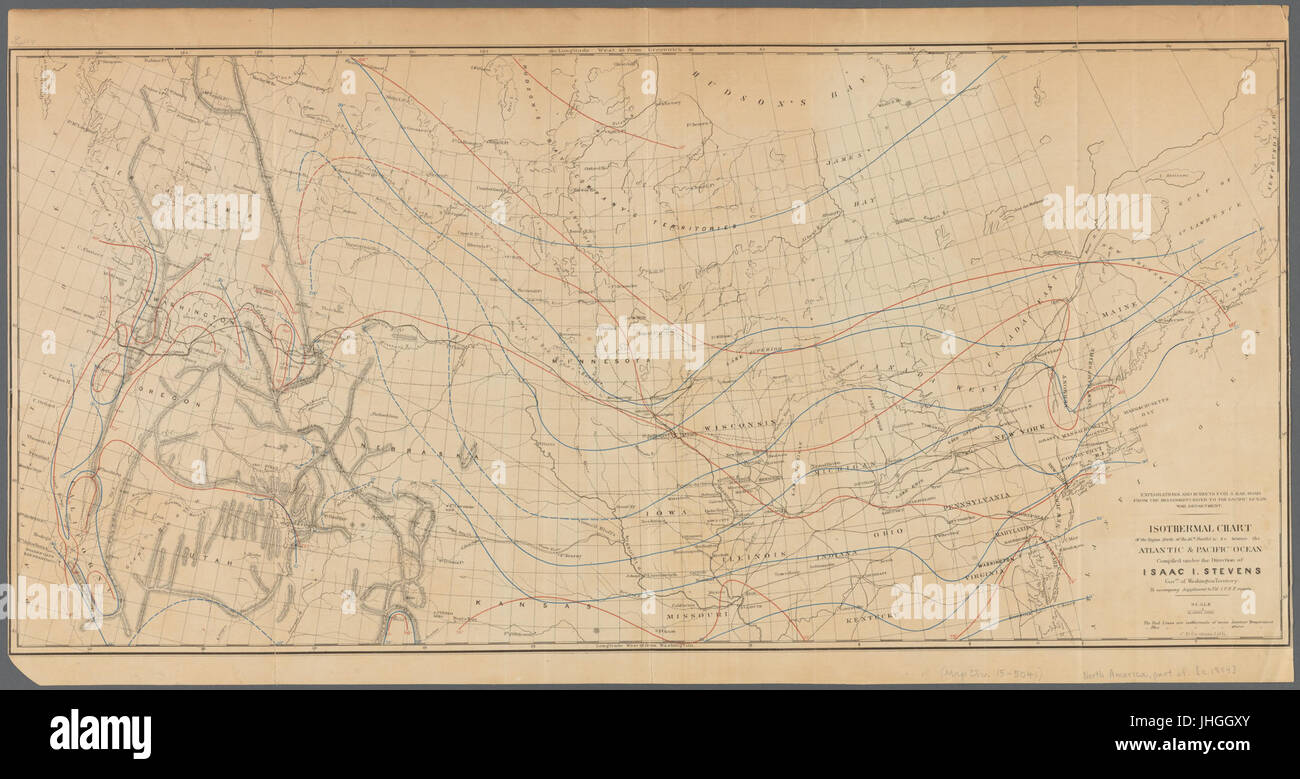 Isothermal chart of the region north of the 36th parallel &c. &c. between the Atlantic & Pacific ocean (NYPL b20643848-5387016) Stock Photo