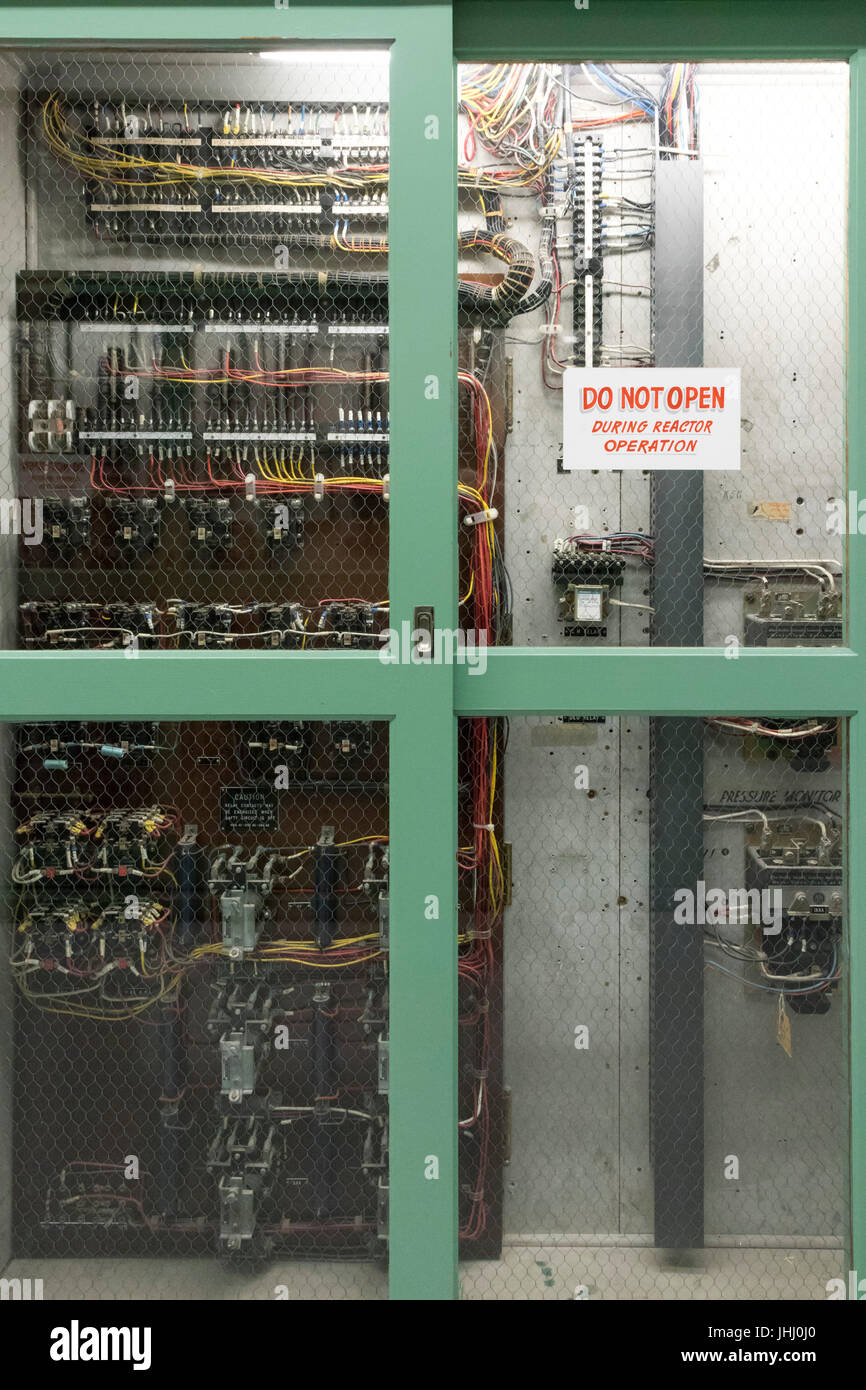 sign: do not open during reactor operation, electric power distribution panels, The B Reactor Hanford, near Richland, Washington Stock Photo