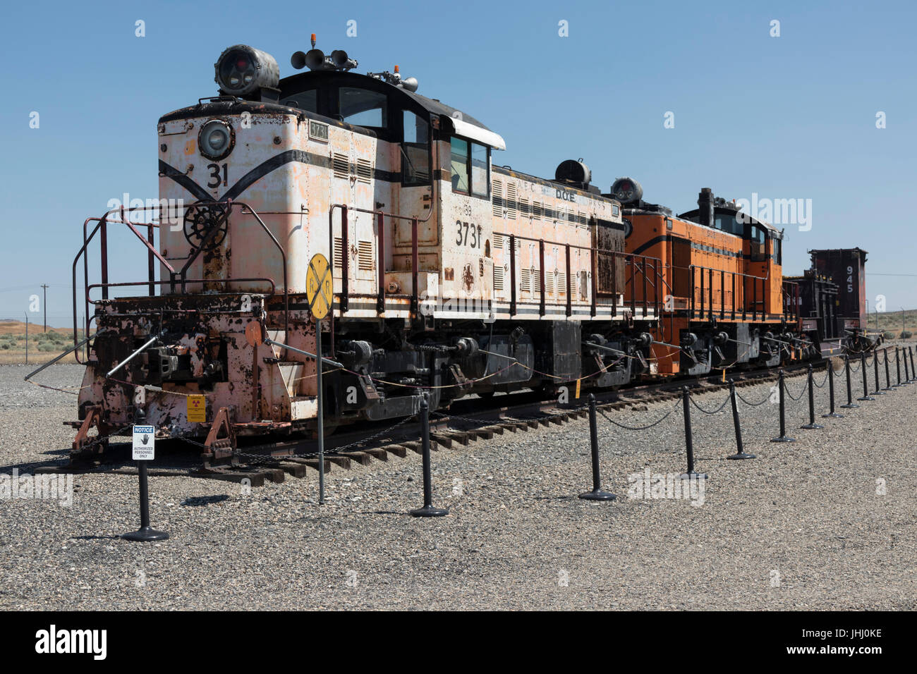old railway engines at the B Reactor Hanford, near Richland, Washington Stock Photo