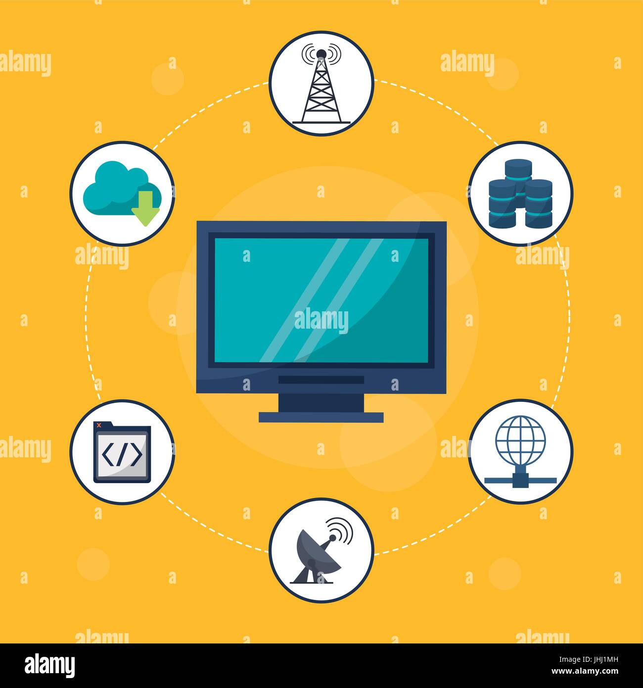 yellow background with desktop computer in closeup and networking icons ...