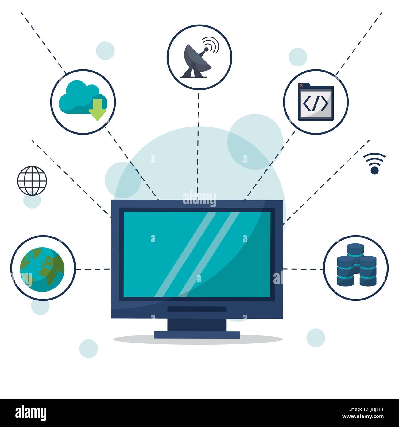 color background with desktop computer in closeup and network ...