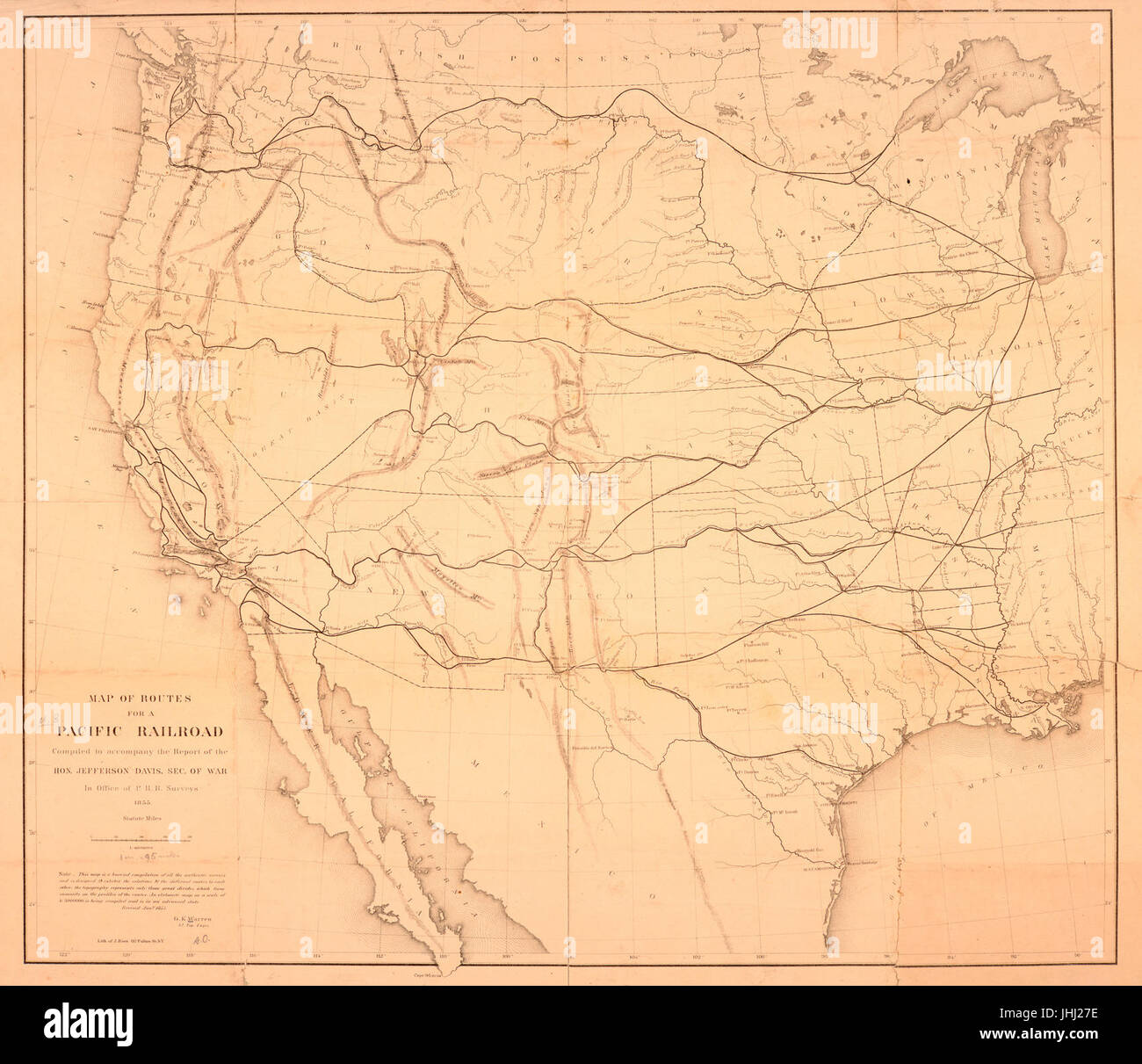 Map of routes for a Pacific railroad - compiled to accompany the report of the Hon. Jefferson Davis, sec. of war in Office of P.R.R. Surveys, 1855 (NYPL b15829340-HW039) Stock Photo