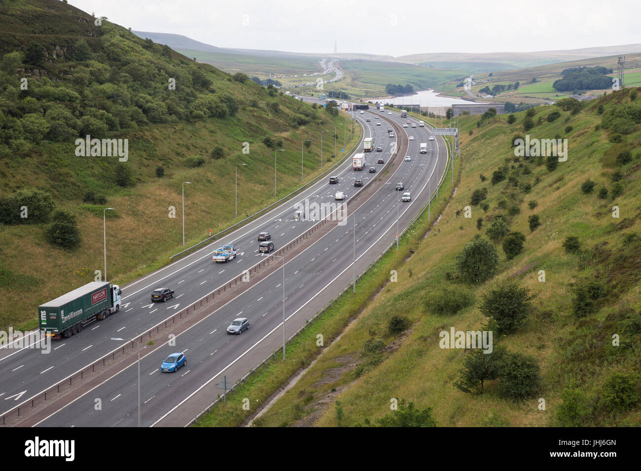 View of the Trans-Pennine M62 motorway in Yorkshire looking West from Scammonden Bridge Stock Photo