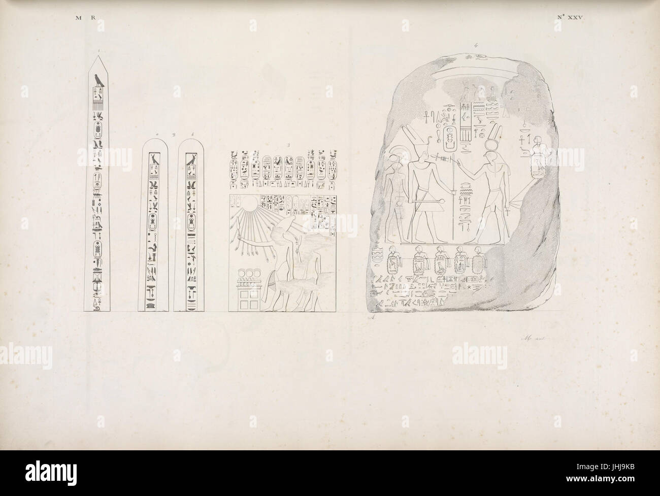 Figg. 1, 2 e 4. Iscrizioni e stela istorica del re Osortasen I (Sesostris I) della dinastia sestadecima. Fig. 3. Quadro di un re anteriore a questa dinastia (NYPL b14291206-425725) Stock Photo