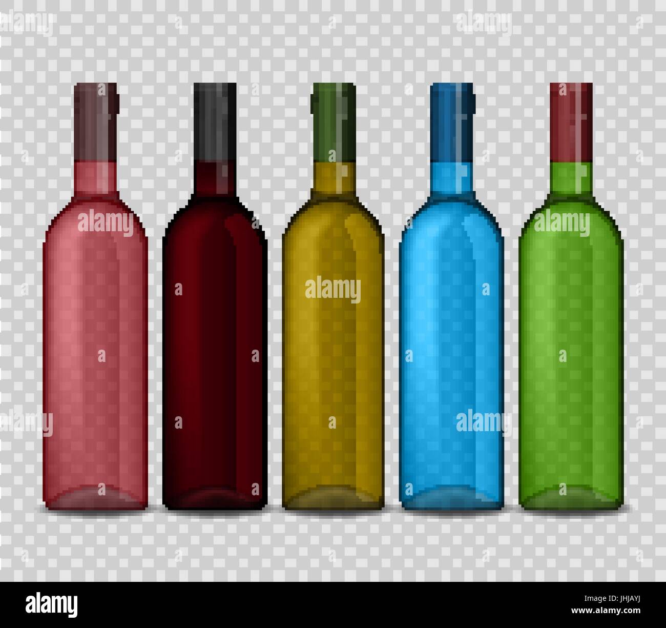 Set of transparent vector bottle of wine on checkered background. Stock Vector