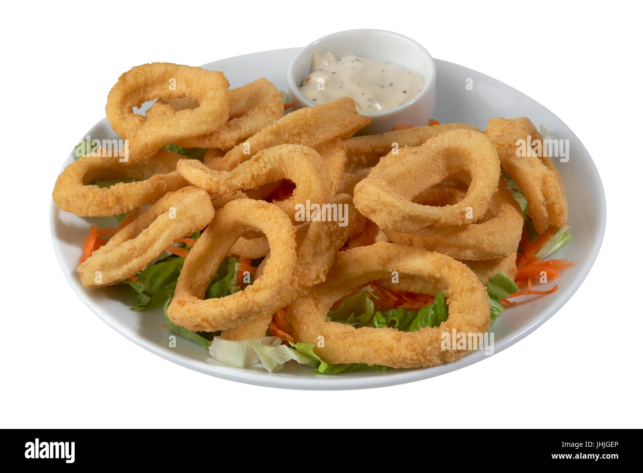 Plate of Delicious Fried calamari with Seafood pasta Stock Photo