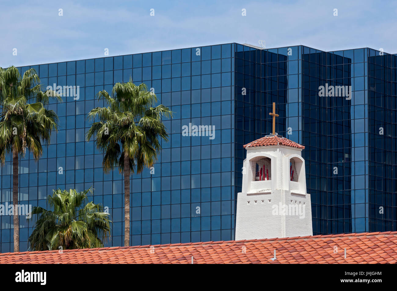 Phoenix, Arizona - Central United Methodist Church near a modern glass office building. Stock Photo