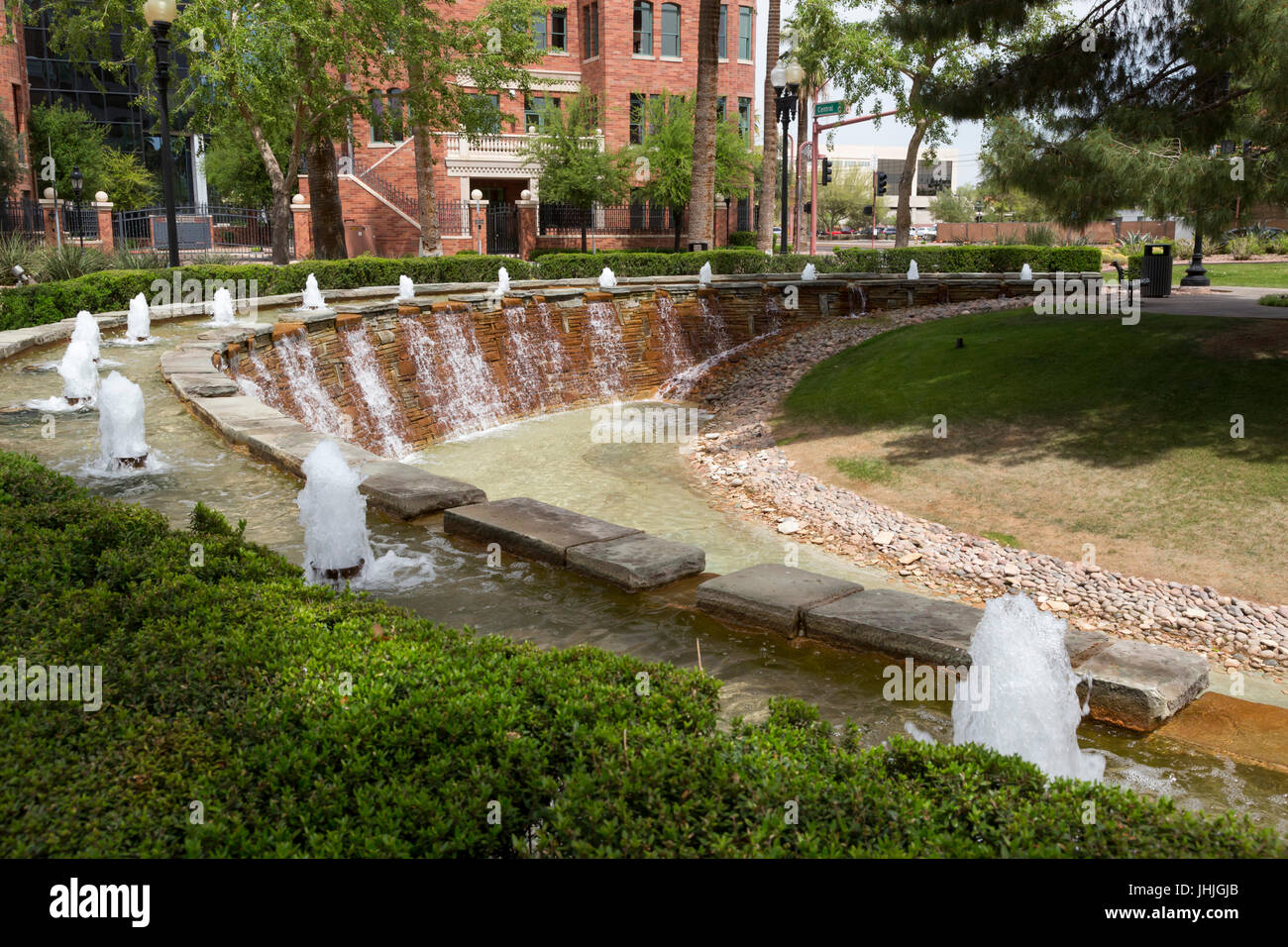 Phoenix, Arizona Fountains in a park outside the BMO Tower Stock