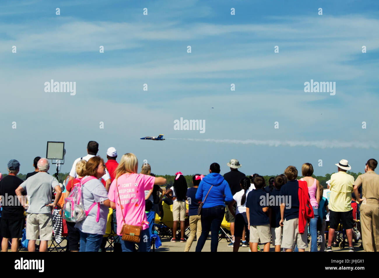 Blue angels flying over a cheering crowd at their home base in Pensacola Florida. Stock Photo