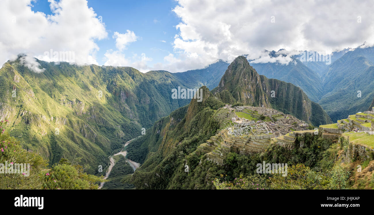 Panoramic View of Machu Picchu Inca Ruins - Sacred Valley, Peru Stock Photo