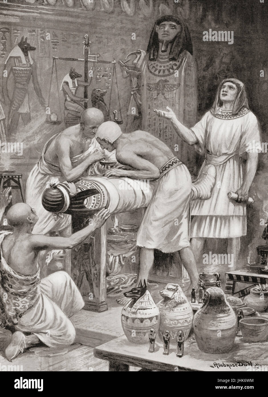 Embalming a body in ancient Egypt. This was done by removing organs, ridding the body of moisture, and covering the body with natron.  After the painting by Ambrose Dudley (1867-1951).  From Hutchinson's History of the Nations, published 1915. Stock Photo