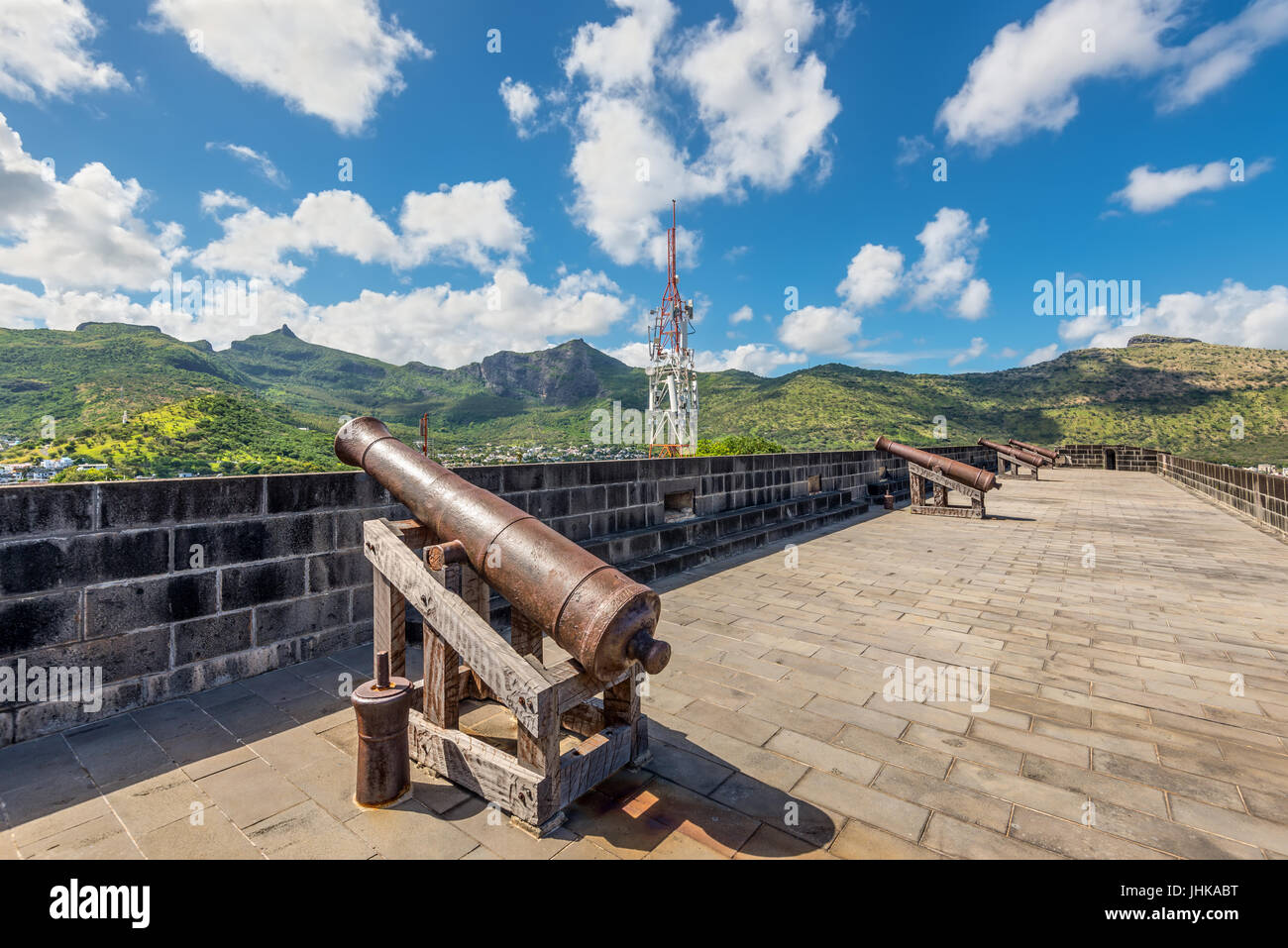 Port Louis, Mauritius - December 25, 2015: Old rusty cannon in the Fort Adelaide in Port Louis, Mauritius. The fortress dates back from the French col Stock Photo