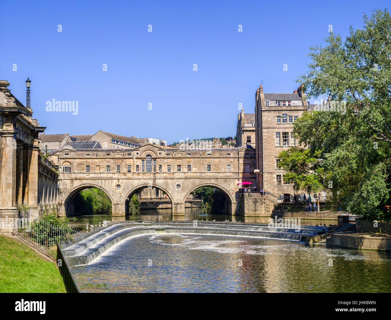 5 July 2017: Bath, Somerset, England - Pulteney Bridge and Weir on the River Avon in Bath, Somerset. Stock Photo
