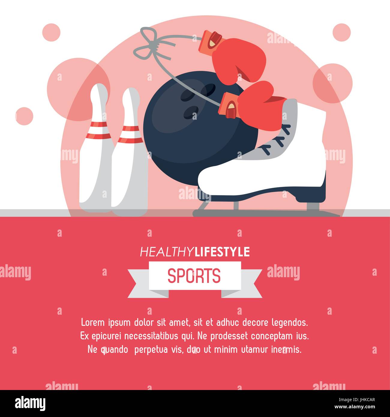 colorful poster of healthy lifestyle sports with bowling ball and bowling pins and ice skates