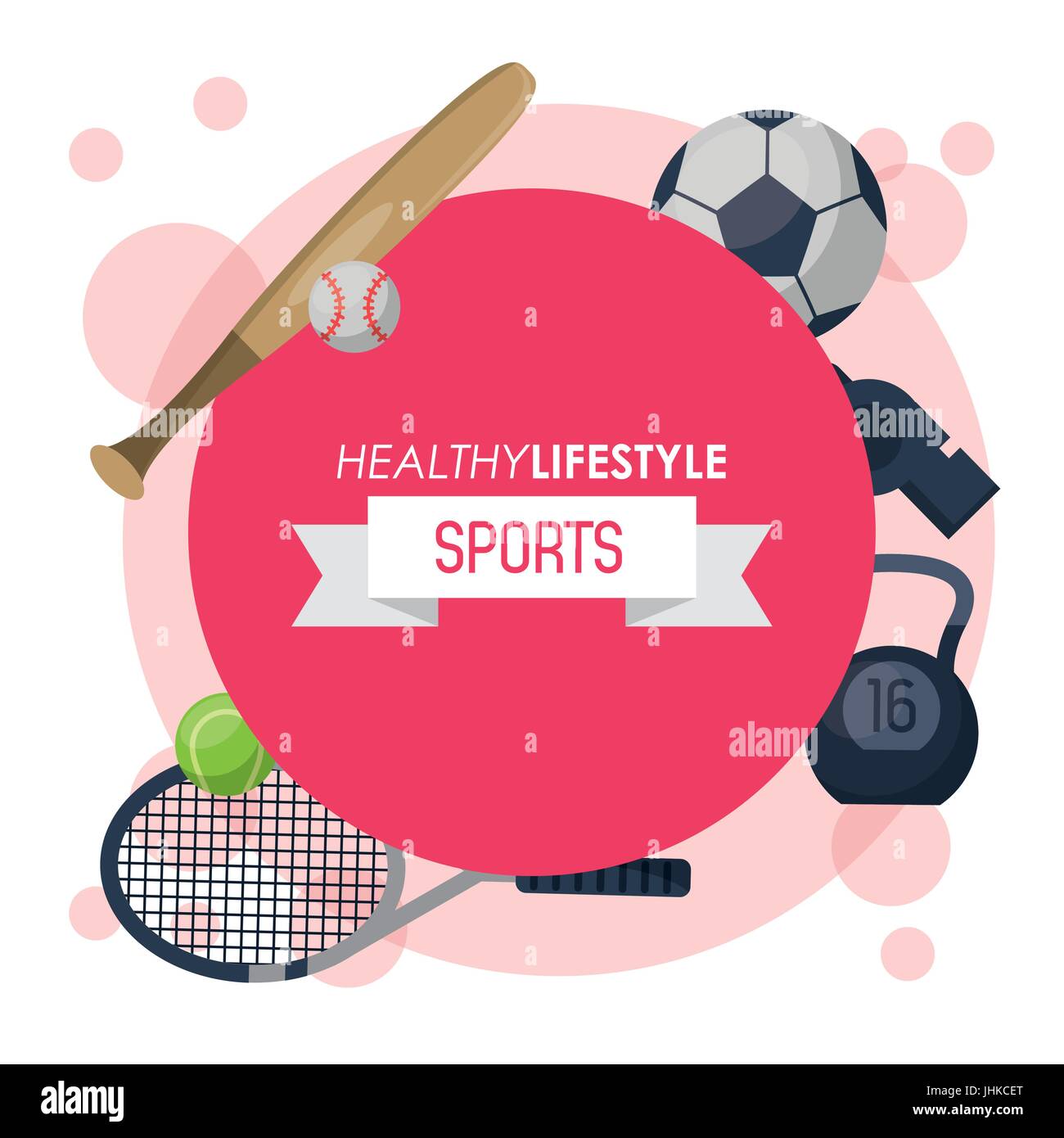 colorful poster of healthy lifestyle sports with round emblem magenta