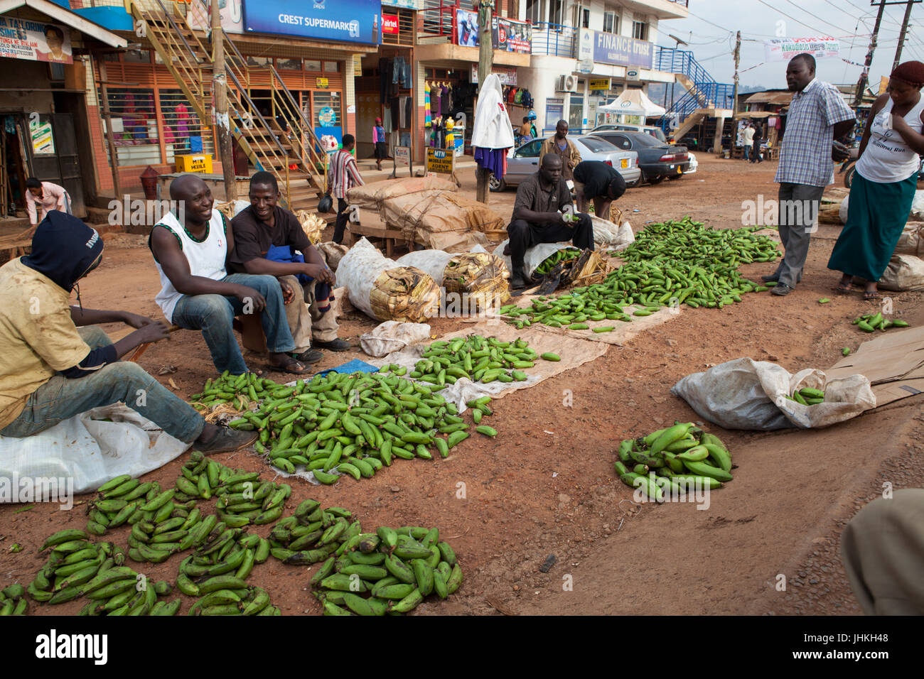 Men selling matooke on the side of the road in Kampala, Uganda. Stock Photo