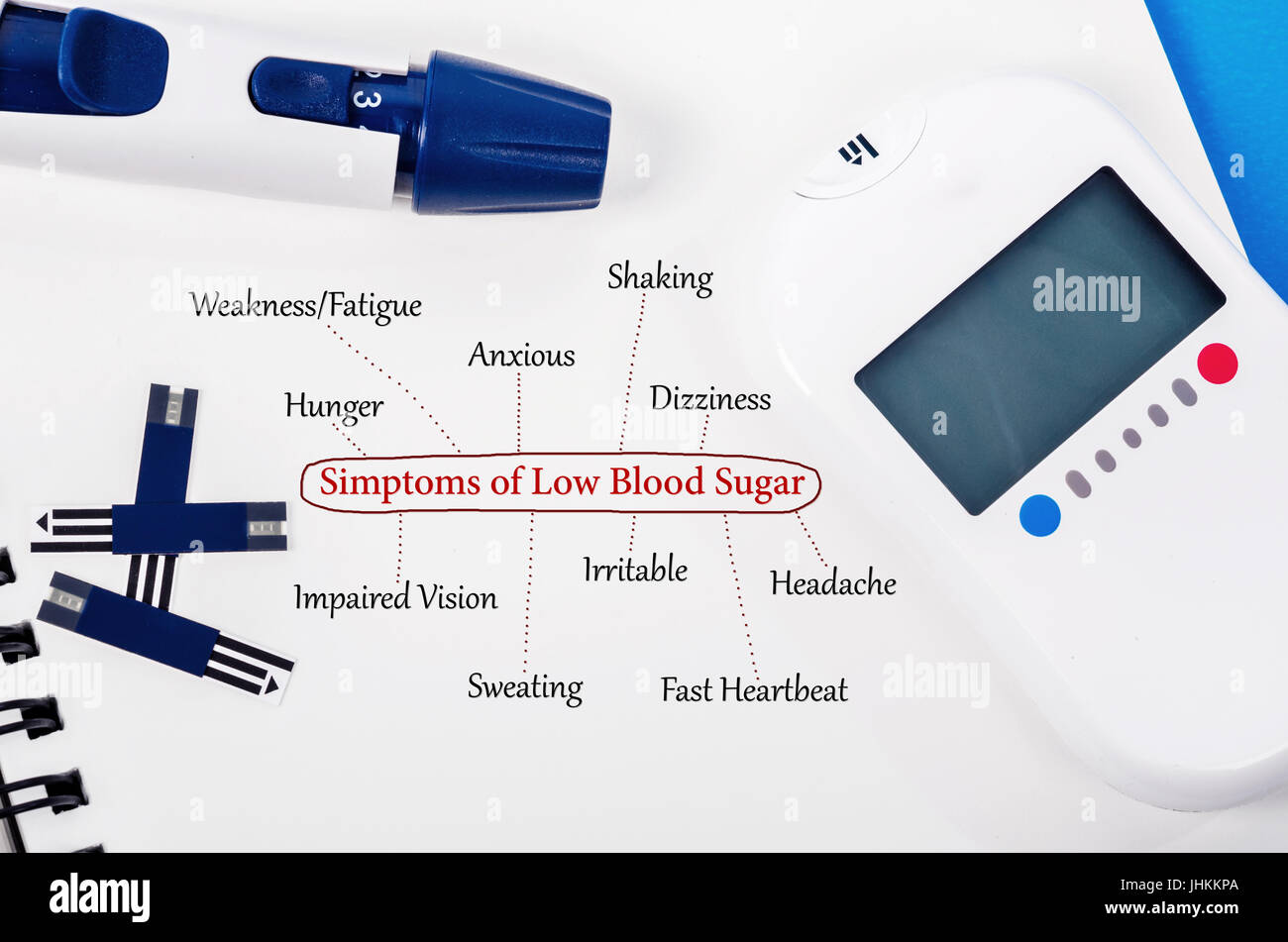 Symptoms of low blood sugar with blood glucose meter and equipment on book background Stock