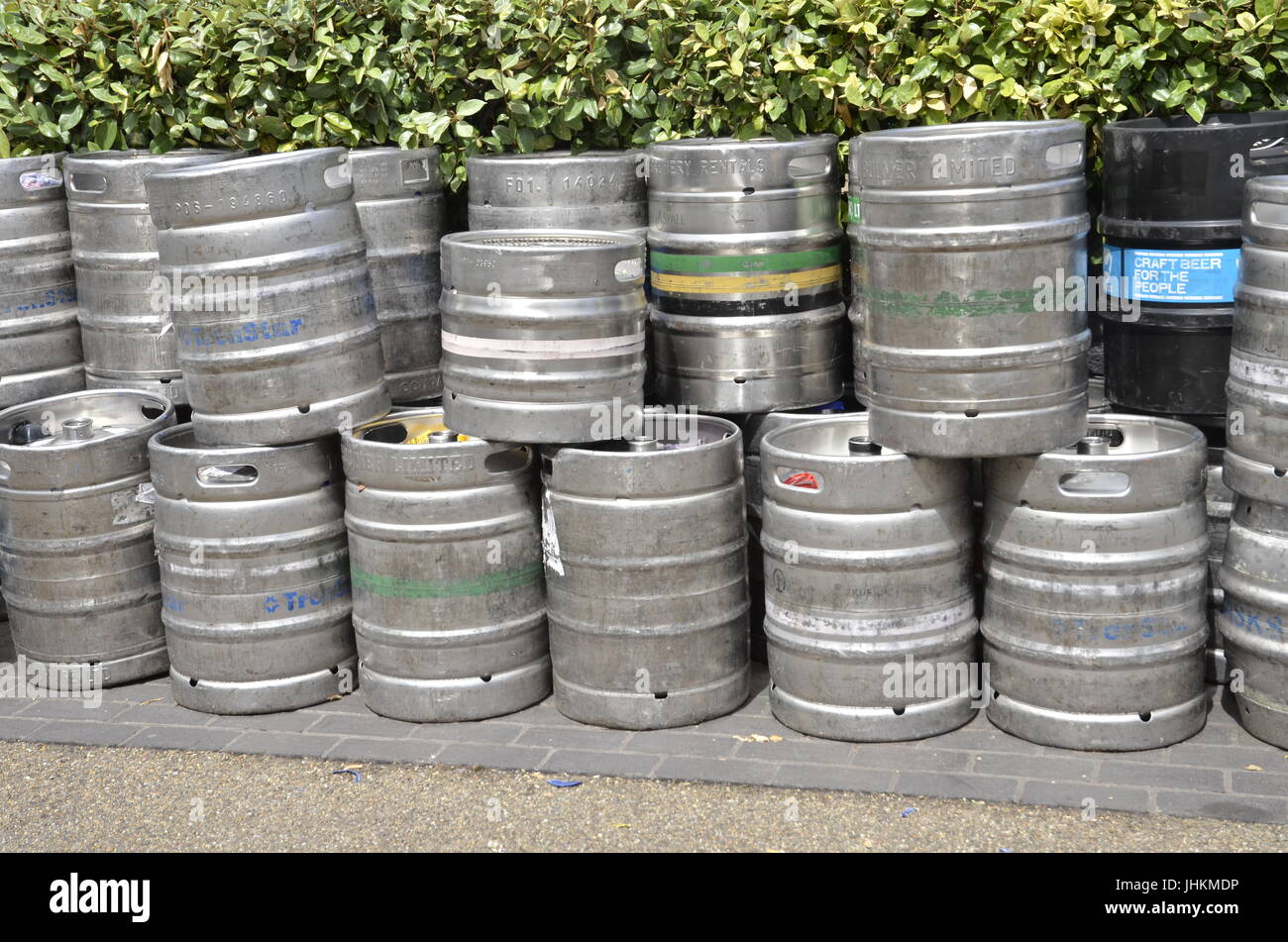 Beer barrels outside a pub in Twickenham, London Stock Photo